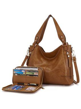Hobo Handbags Tote Shoulder Bag Purse and Wallet Set 2pcs Soft Faux Leather